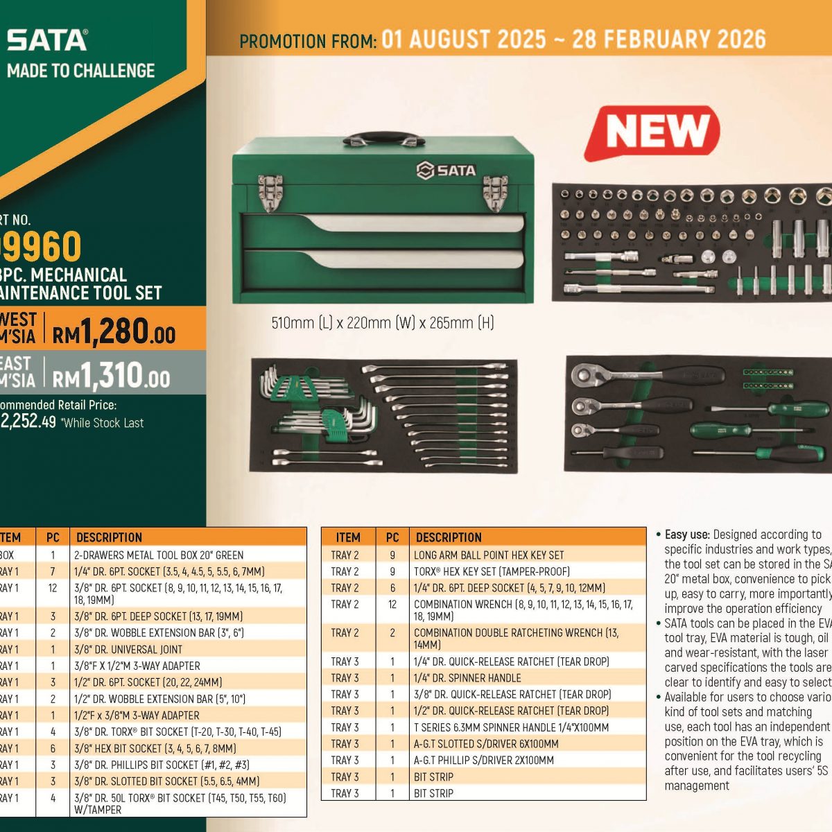 Sata 09960 Mechanical Maintenance Tool Set, 118pcs