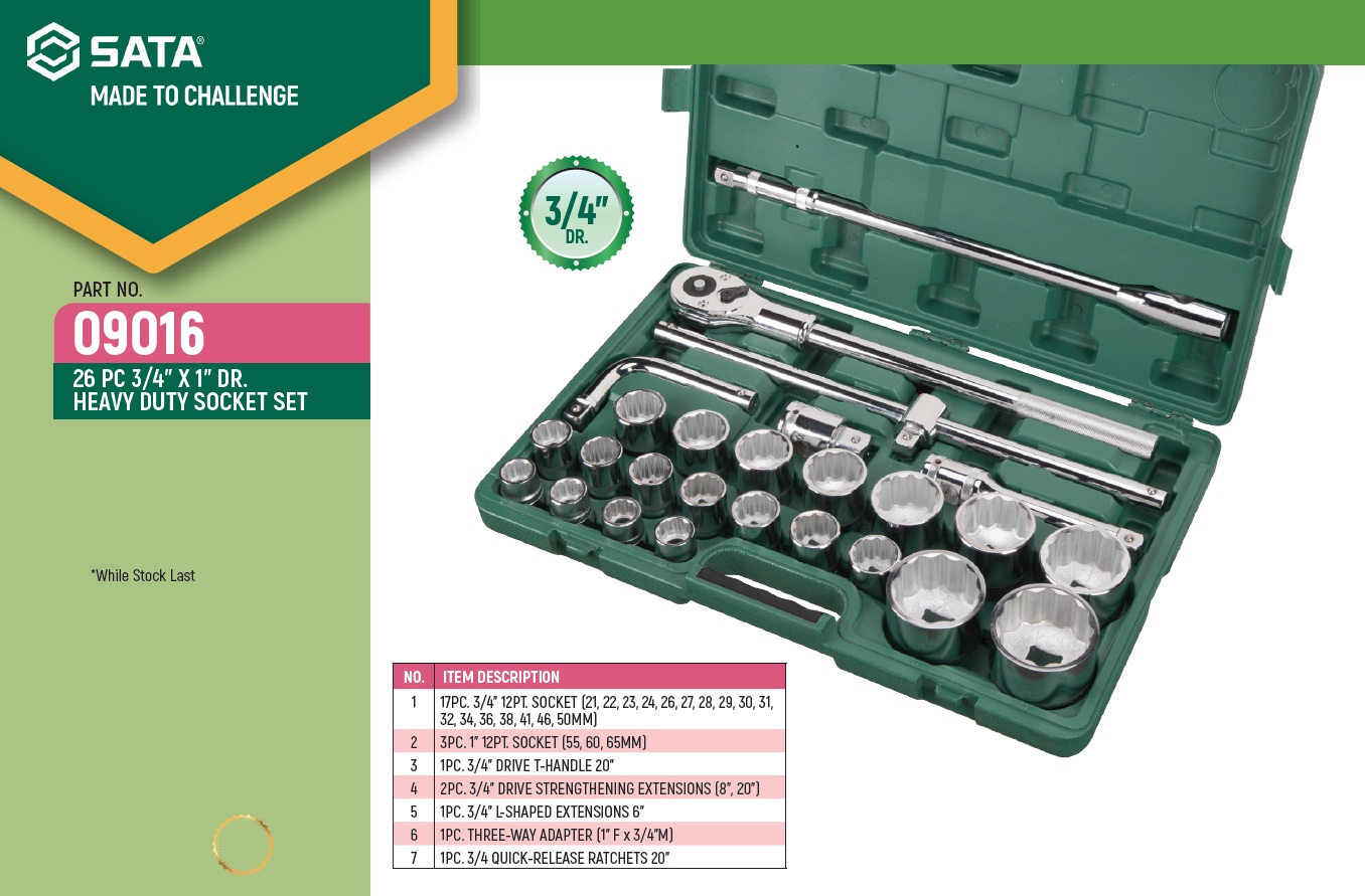 Sata 09016 26PCS 3/4″ x1″ DR. Heavy Duty Socket Set