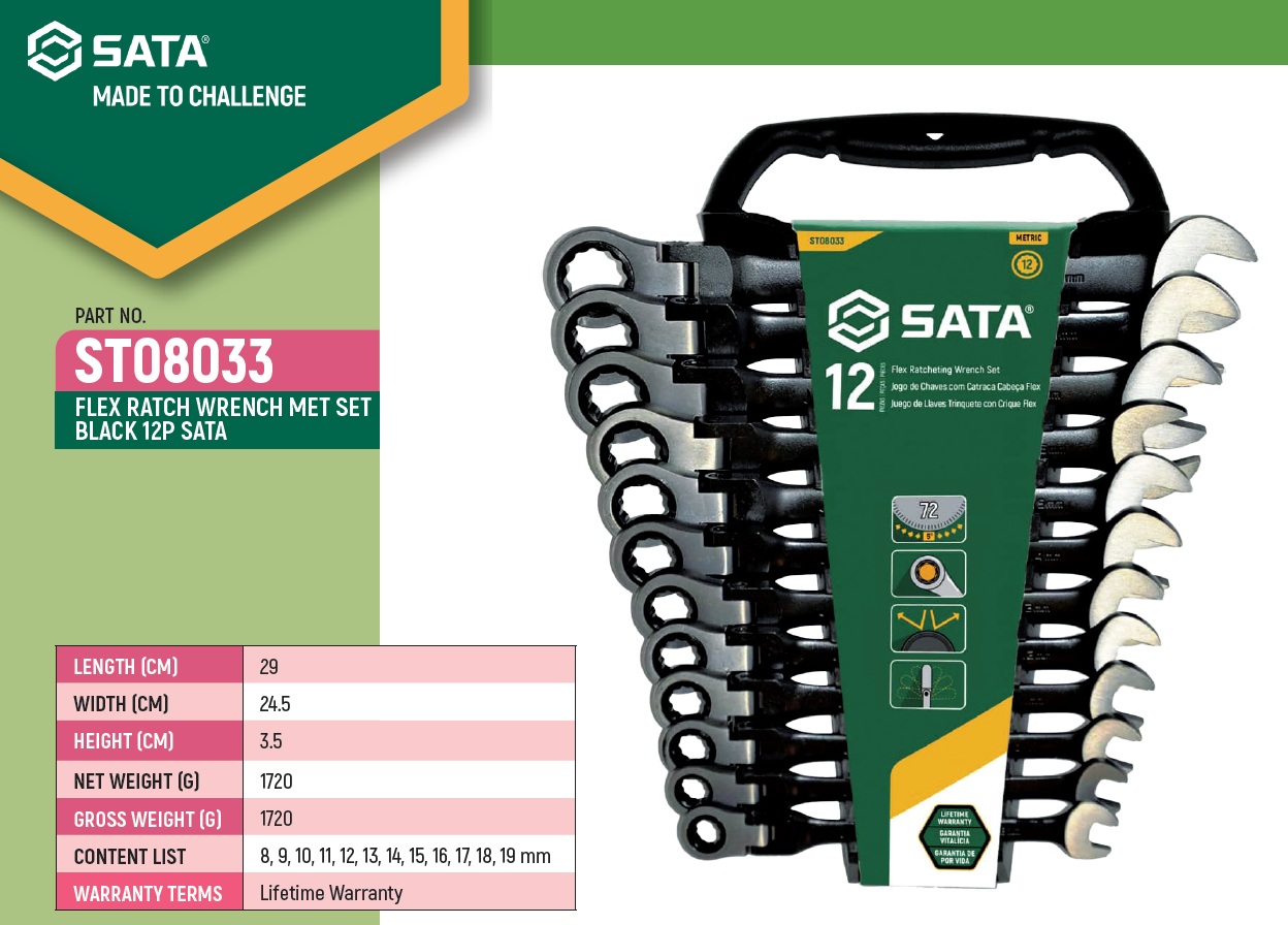 Sata ST08033 FLEXIBLE HEAD RATCHET WRENCH SET BLACK FINISHED, 12pcs
