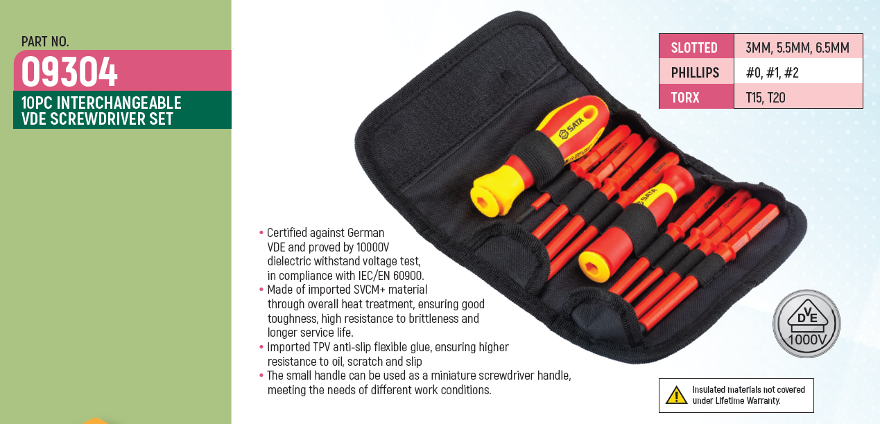 Sata 09304 10Pcs INTERCHANGEABLE VDE INSULATED SCREWDRIVER SET
